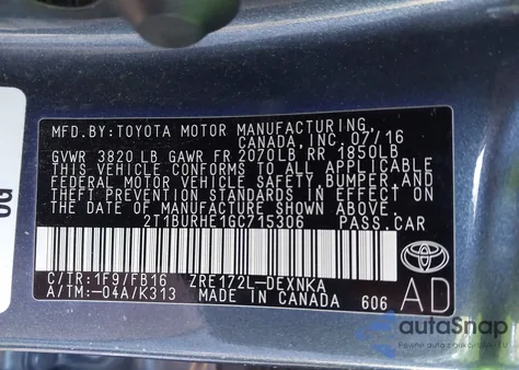 2016 Toyota Corolla Le from USA, damaged, VIN 2T1BURHE1GC715306